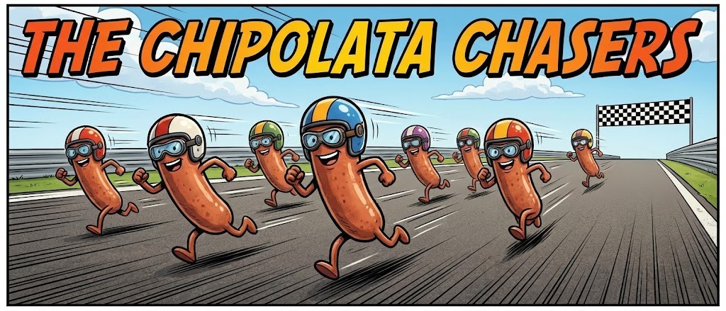 The Chipolata Chasers - cartoon sausages racing with helmets